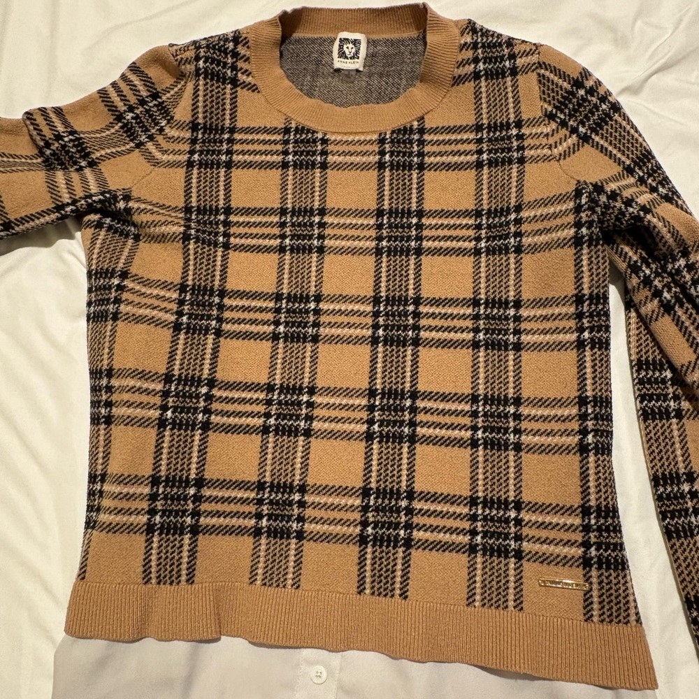 Anne Klein Tan and Black Plaid Sweater